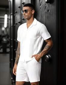 Conjuntos de Hombre Sencillo y Moda Camisa y Pantalón Corto, Ropa de Playa Hombre Casual de Manga Corta y Pantalones Cortos con Rayas Onduladas - Blanco - Ver 4