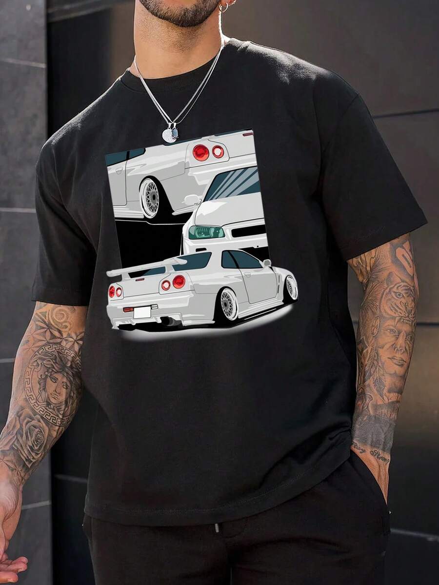 Áo thun nam in hình xe hơi rộng rãi hở vai, - màu đen - Xem 1