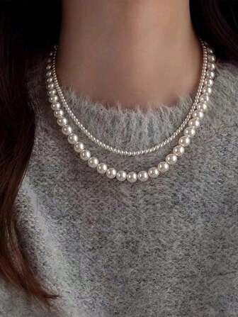 2pcs/Set Classic Versatile Double-Layer Pearl Necklace, Elegant Faux Pearl Material, Minimalist Fashion Luxurious Choker, Can Be Worn Separately, Great Christmas/Valentine's Gift For Women, Suitable For Daily Wear