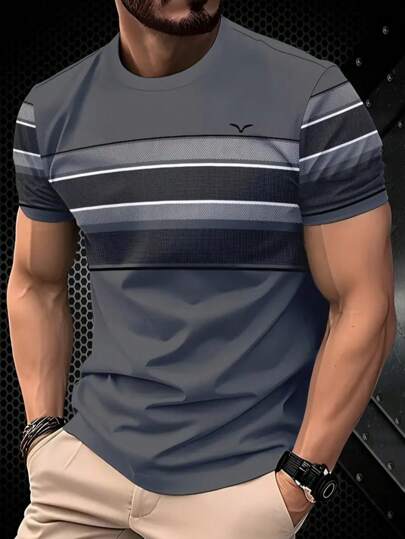 KOVSEE 男士拼色条纹海鸥图案印花渐变色运动短袖 T 恤，透气户外运动休闲 T 恤，适合跑步、篮球、足球、健身、日常穿着，可作为男友节日礼物