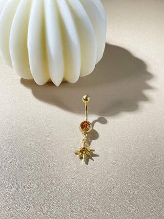 1pc Fashionable Niche Octagram Star Rhinestone Stainless Steel Navel Ring, Versatile Accessory For Women, Suitable For Belly Dance, Nightclub, Beach, Valentine's Day, Carnival, Party, Daily Wear