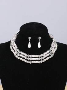 3 pièces Set de collier ras-du-cou et boucles d'oreilles à 3 rangs en zircone et perle, accessoire de robe de mariée, collier à gland