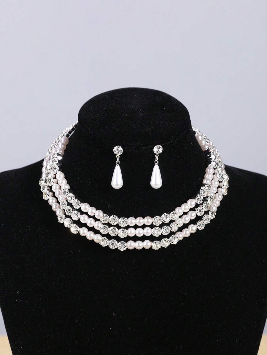 3 pièces Set de collier ras-du-cou et boucles d'oreilles à 3 rangs en zircone et perle, accessoire de robe de mariée, collier à gland