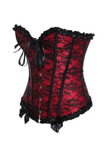 Bowknot Women Overbust Corset Lace Up Bustier Top Retro Burlesque Basque Halloween Costume Cosplay Body Shaper Shapewear Lingerie Waist Cincher Floral Printed Plus Size Boned - Dark Red - View 3