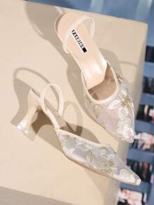 2025秋冬新款中国风白色高跟穆勒鞋，尖头蕾丝刺绣两穿凉鞋，优雅，女士浅口鞋，高跟，猫跟，婚礼服饰 - 米色 - 查看 4