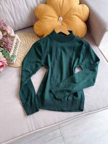 Basic Knitted Cold Weather Blouse Round Neck Sweater Women's Fashion - Green - View 1
