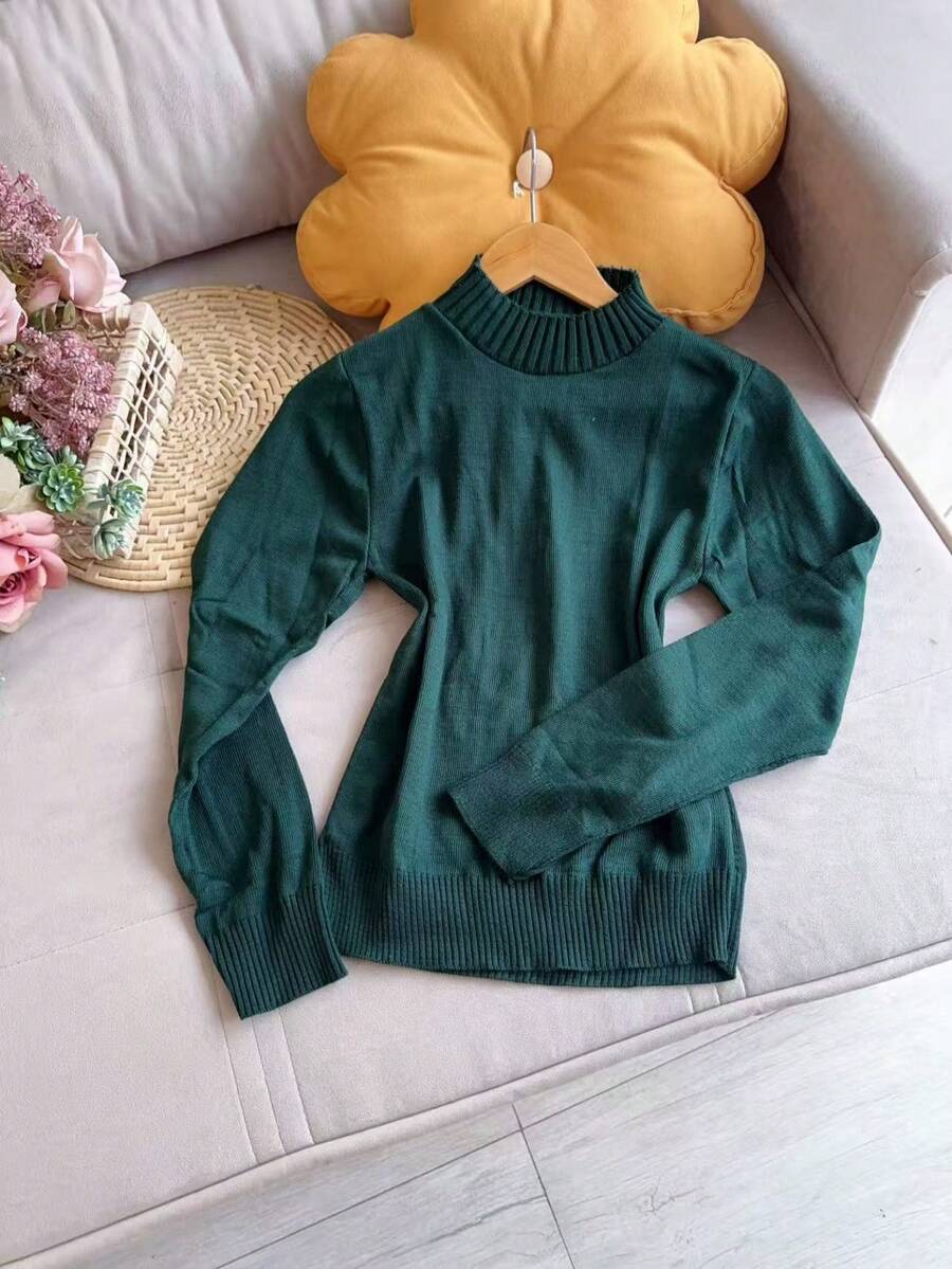 Basic Knitted Cold Weather Blouse Round Neck Sweater Women's Fashion - Green - View 1