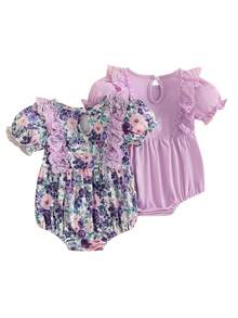 2Pcs Baby Girls Rompers Floral Print Lace Ruffles Round Neck Short Sleeve Infant Bodysuits Jumpsuits - Purple - View 5
