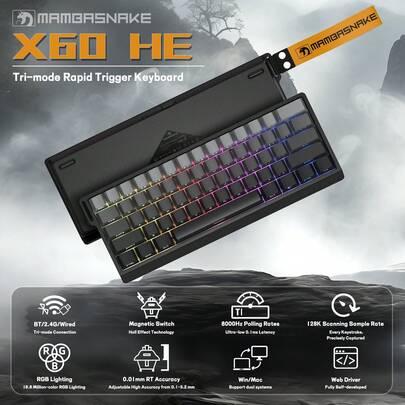 Kabellose Gaming-Tastatur mit Trigger, Hall-Effekt-Magnetschaltern, einstellbarer Auslösung, 0,1 ms Ultra-Niedriglatenz, 8 kHz Abtastrate, 3-Modus RGB, PBT-Tastenkappen für Windows