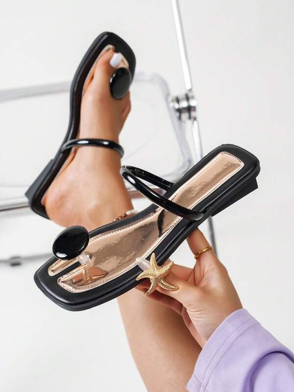 Women's Fashionable Flat Strap Thong Sandals, Summer 2025 New Gold Low Heel Outdoor Slide Slippers