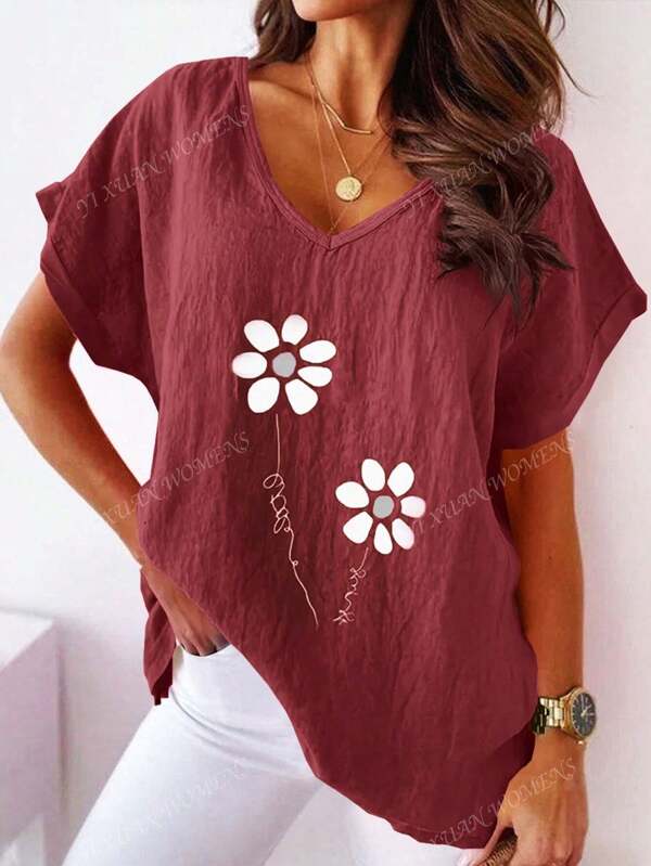 Camiseta con estampado floral de talla grande para mujer, de tela de lino, escote en V - Estilo holgado e informal