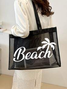 Large Capacity Net Bag Set, "Beach" Pattern Printed Net Bag, Mesh Beach Tote Bag, Mesh Cosmetic Bag, Foldable Large Capacity Swimming Beach Bag, Waterproof And Sandproof, Letter Decor Mesh Beach Tote Bag, Personalized Gift Bag, Mother's Day Gift For Girlfriend, Wife, Mother, Summer - Black - View 5