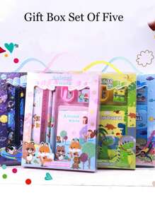 1 Set de suministros de papelería de regalo con diseño de dibujos animados para estudiantes que incluye estuche para lápices, bolsa con cremallera y artículos de papelería en una caja con diseño de regreso a la escuela