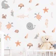 Pegatinas de pared con animales marinos pintados a mano de dibujos animados para decorar la habitación de los niños, la guardería, la sala de estar y el dormitorio - Multicolor-B - Ver 3