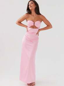 Women's Beach - Ready Strapless Long Dress With Cut - Out Detail And All - Over Flower Design - Pink - View 7