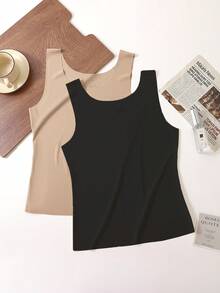 2pcs Women's Ribbed Seamless Wide Strap Camisole Base Layer Sleeveless Thin Unpadded Tank Top, Can Be Worn Alone - Multicolor - View 2