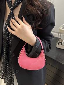 Mini Cute Solid Pink Handbag For Women, Fashionable High-Quality Lightweight Crescent Shaped Shoulder Bag - Hot Pink - View 5