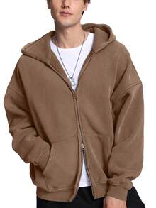 Faiable Mens Womens Double Zip Up Hoodie Oversized Acid Wash Hoodies Heavyweight Fleece Cotton Zipper Hoodie Vintage - 深棕色 - 查看 3