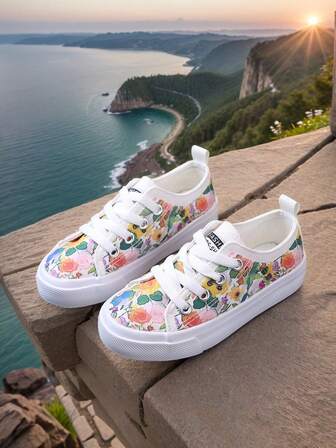 3D Floral Print Canvas Children's Sneakers, Breathable Lace-Up Girl's Canvas Shoes, Outdoor Casual Flat Shoes For Spring