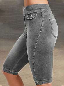 女士前扣式合身休闲牛仔短裤 - 淺灰色 - 查看 2