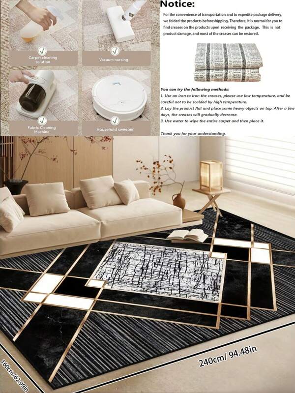 Black & Gold Geometric Rug Mat - Modern Luxury Thick Soft Floor Protector Machine Washable Non-Slip Flame Retardant Antibacterial Folding Carpet For Living Room/Bedroom/Kitchen/Outdoor Casual Decorative Rug (5.24*7.87 Feet)