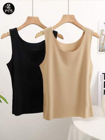 2pcs Women's Ribbed Seamless Wide Strap Camisole Base Layer Sleeveless Thin Unpadded Tank Top, Can Be Worn Alone