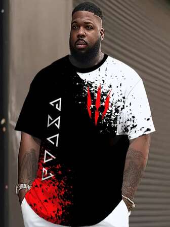 Plus Size Men Cartoon Print T-Shirt, Street Hip-Hop Round Neck Short Sleeve T-Shirt, Breathable Mesh Sports Tee