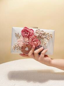 Valentine's Day Gift Love Holiday Date Ramadan Wedding Girlfriend Gift Lady Flower Evening Bags Pink Color Women Small Clutch Purse With Chain Shoulder Flap Design Diamonds Beading Box - White - View 3