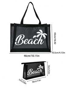 Large Capacity Net Bag Set, "Beach" Pattern Printed Net Bag, Mesh Beach Tote Bag, Mesh Cosmetic Bag, Foldable Large Capacity Swimming Beach Bag, Waterproof And Sandproof, Letter Decor Mesh Beach Tote Bag, Personalized Gift Bag, Mother's Day Gift For Girlfriend, Wife, Mother, Summer - Black - View 12