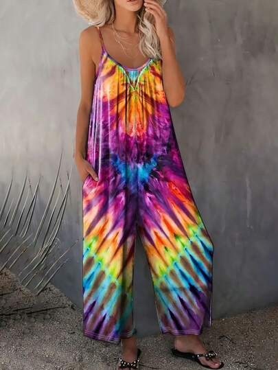 Macacão feminino de malha tie-dye de poliéster - com gola de alça, estilo férias, tecido leve de 180g/㎡, escolha perfeita para primavera, verão e outono