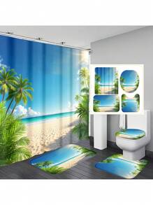 1pc/4pcs Tropical Seaside Beach Coconut Tree Printed Multifunctional Bathroom Decor Set, Includes Shower Curtain 12 Hooks, Anti-Slip Mat, U-Shaped Mat & Round Toilet Cover, For Whole Bathroom Back To School