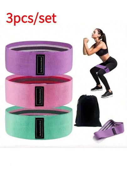 3pcs Resistance Band Set, Non-Slip Elastic Exercise Bands For Legs, Butt, Body Stretching, Workout, Yoga, Made Of Acrylic Fabric, Multiple Colors (Pink, Purple, Green), Multi-Level Tension, Squat Booty Resistance Loop Bands For Fitness, Yoga Stretching Training