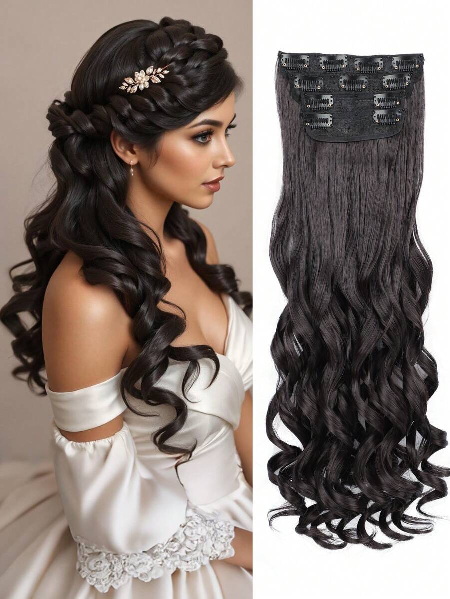 Clip In Hair Extensions, 20 Inch Long Wavy 4PCS Hair Extensions Natural Soft Synthetic Fiber High Temperature Heat Resistance Clip In Hairpieces For Women Weddings Party Daily Use