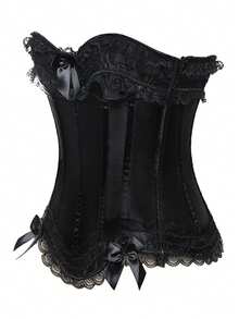 Bowknot Women Overbust Corset Lace Up Bustier Top Retro Burlesque Basque Halloween Costume Cosplay Body Shaper Shapewear Lingerie Waist Cincher Floral Printed Plus Size Boned - Black - View 3