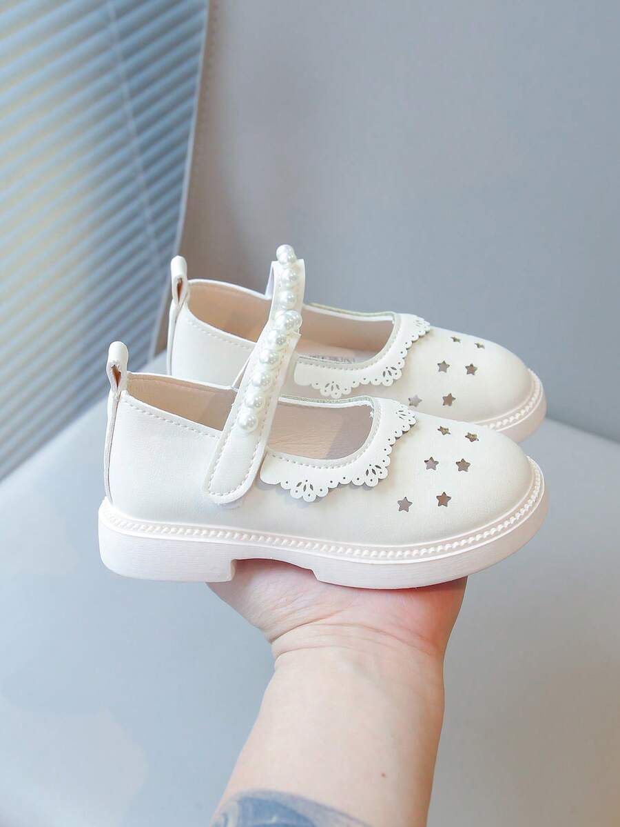 New Girls Leather Shoes, Shoes With Hollow Floral Lace & Pearl Design, Princess Flats, Comfortable, Lightweight, Casual & Versatile