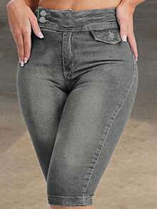 女士前扣式合身休闲牛仔短裤 - 淺灰色 - 查看 5