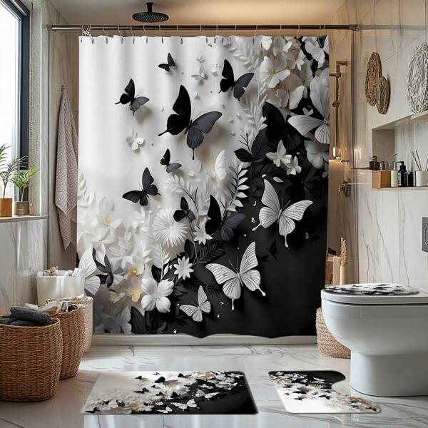1/2/3/4 piezas Juego de cortina de ducha con tema floral y mariposas 3D en blanco y negro, 12 ganchos, alfombra de baño, tapa de inodoro en forma de U, cortina de ducha impermeable, decoración de baño, cortina de ventana de estilo moderno, sin necesidad de taladrar, de poliéster, lavable a máquina, accesorios de baño de decoración de otoño, de vuelta al colegio