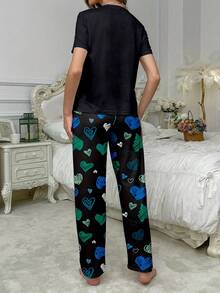 短袖休闲睡衣套装，年轻人家居服 - 黑色 - 查看 4