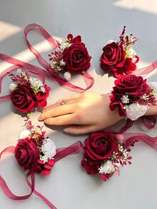 1pc/6pcs Polyester Rose Wrist Corsage, Casual Wedding Accessories For Bride, Bridesmaid, Wedding Party, Banquet Valentine's Day Accessories - Wrist Flower - View 6