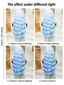 Peluca azul ondulada de 28 pulgadas de largo para mujeres, peluca rizada azul con flequillo con efecto de onda de agua, hecha de fibra sintética resistente al calor para uso diario y de fiesta - Azul - Ver 7