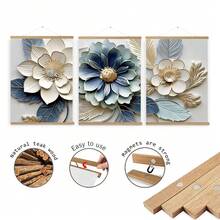 SURELIFE 3pcs Elegant Blue And Gold Floral Canvas Posters Prints Wall Art Pictures For Living Room Bedroom Home Decorative