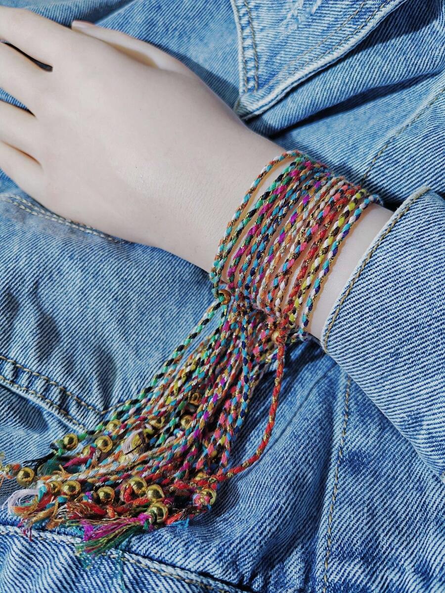 12pcs Adjustable Colorful Handmade Gold Thread Braided Bracelet Set, Bohemian Style Women & Student Jewelry Accessories
