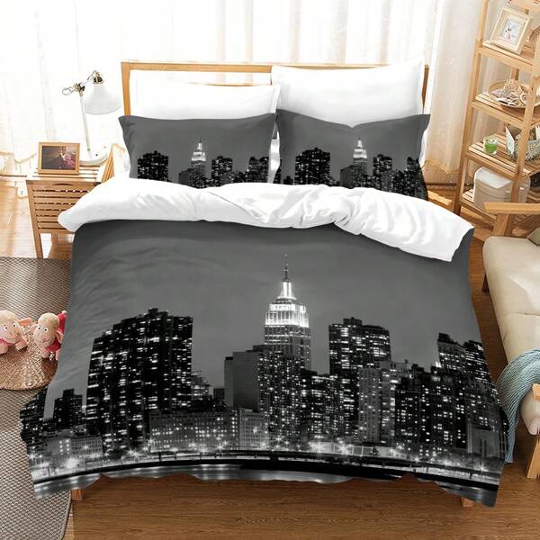 1 Set (1 Funda nórdica + 1/2 Funda de almohada, sin relleno) 2/3 Piezas, Juego de ropa de cama suave y cómodo con estampado del paisaje de la ciudad y la noche estrellada, adecuado para dormitorio y habitación