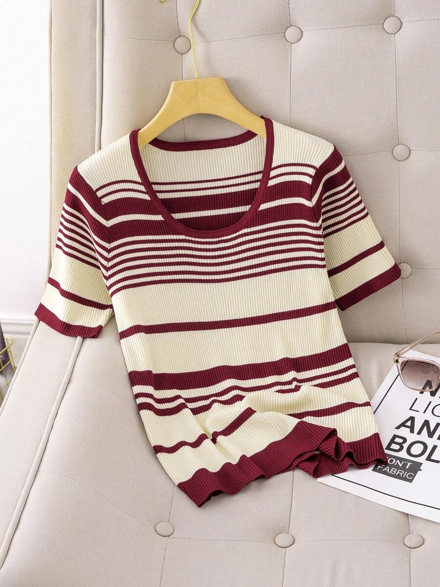 T-shirt en tricot rayé pour femmes d'été, col rond, manches courtes, décontracté - Rouge foncé - Voir 1