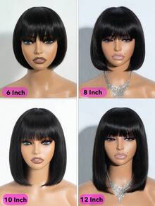 Human Hair Natural Black Straight Bob Wig With Breathable Bangs Full Machine Made Glueless Human Hair, No Lace, Perfect For All Women - Natural Black - View 3