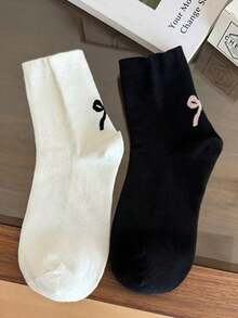 3 Pairs Women's Bow Decor Black, White, Grey Mid-Calf Socks, Collegiate Style Street Fashion, Comfortable Soft Everyday Wear - Multicolor - View 6