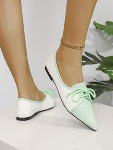 Minimalist Fashion Pointed Toe Flats For Women, Niche Design High Vamp Vintage Lace-Up Casual Shoes, Comfortable & Versatile, Non-Tiring - Light Green - View 9