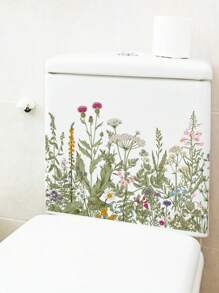 1pc Pink Flowers Green Plants And Blue Flowers Butterfly Bathroom Toilet Sticker Self-Adhesive, Removable Vinyl Waterproof Sticker, Bathroom Toilet Decorative Sticker, Toilet Lid Sticker, Bathroom Decoration Removable Sticker, Self-Adhesive Decal, Home Decor, Holiday Decorative Sticker, Birthday Graduation Gift Summer