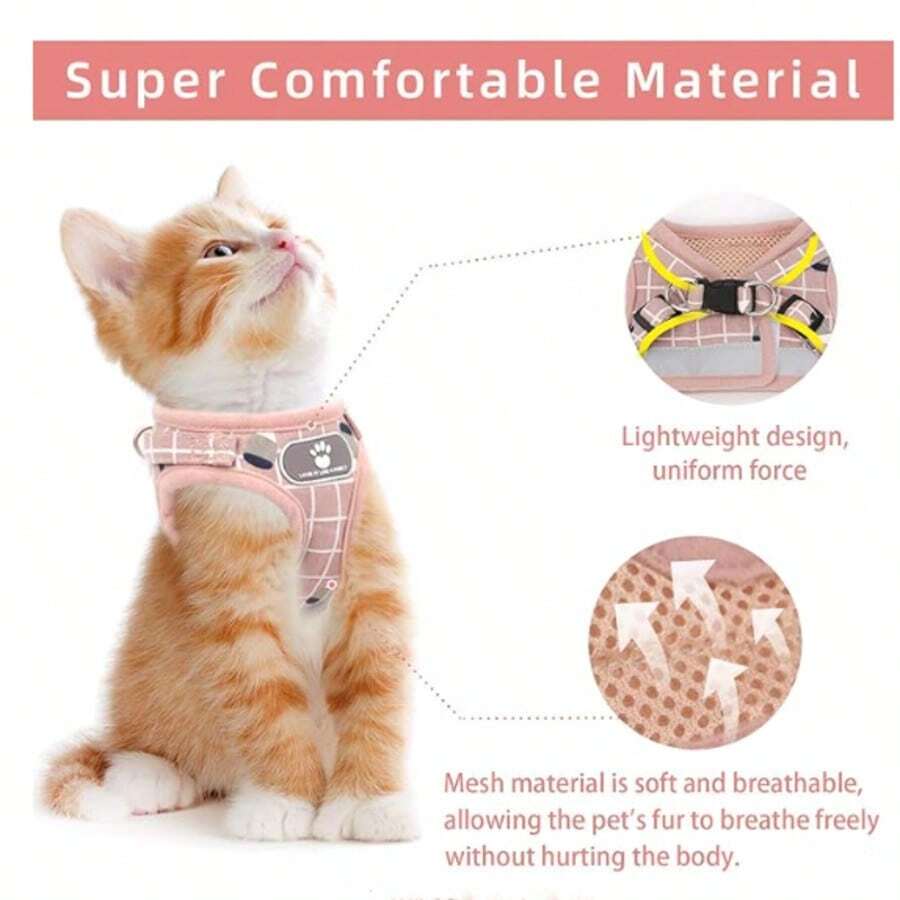 猫背带和牵引绳套装、带反光条的透气网眼宠物背心背带、适合小型猫的可调节步入式背带（粉色图案）、猫弹簧玩具、带铃铛的猫项圈 - 淺粉色 - 查看 1