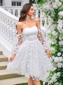 UNITHORSE Strapless, Drop Shoulder,Waist Cinched, Short Wedding Dress With 3D Floral Decor, Flattering And Elegant,Bride